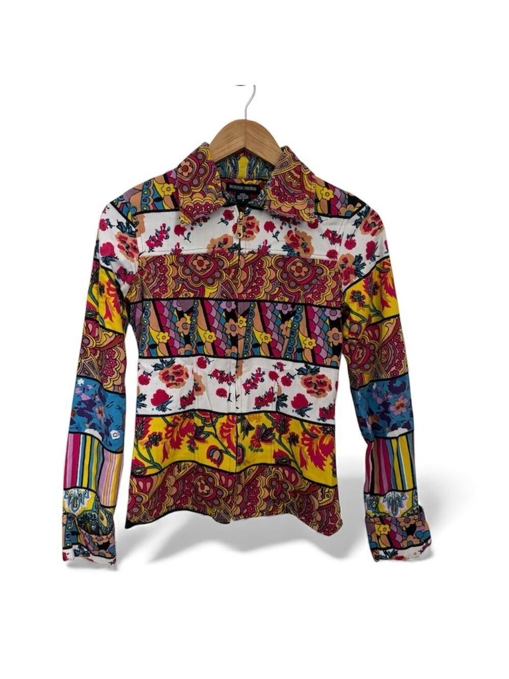Boston Proper Mixed Print Boho Zip Front Jacket Top Patchwork Retro Style Size 2